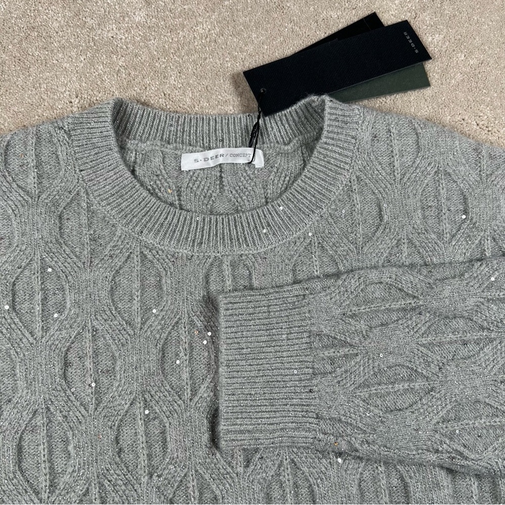 S Deer Concept Sparkle Sweater Gray Sequin Crew Stretchy Glamour NWT women's S